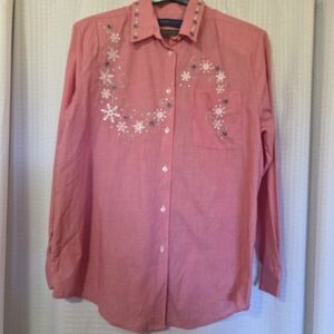 Karen Scott Vintage Red Gingham Winter Embroidered Blouse Size Large